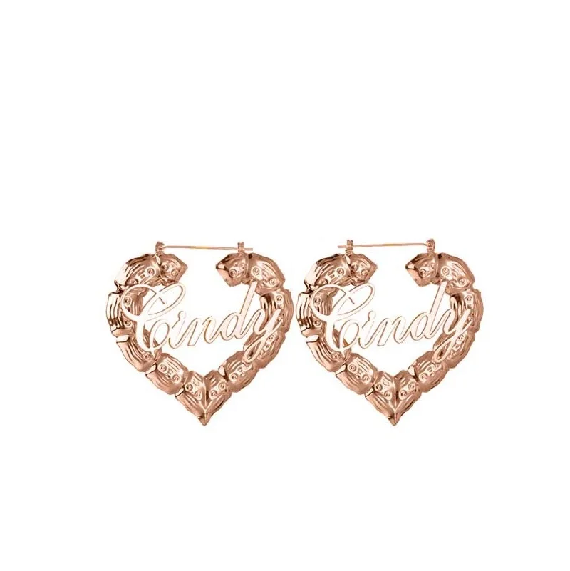 Custom Name Earrings Bamboo Heart Hoop Earrings Love Shape Customized Letter Earrings Heart Shape Bamboo Earring for Girls