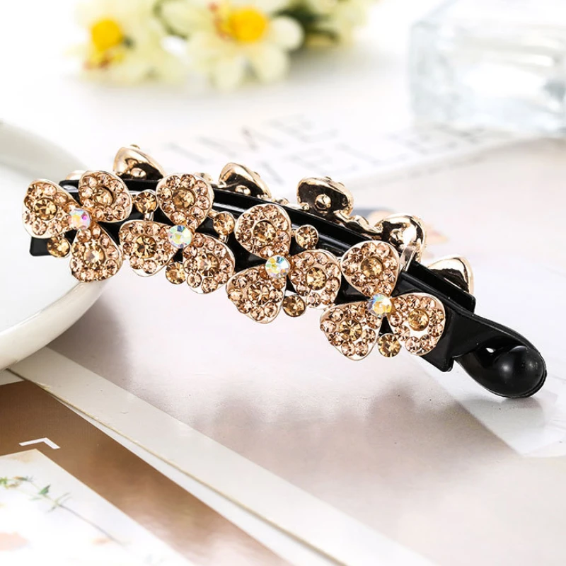 Korea New Flower Banana Hair Clip Fashion Ladies Ponytail Vertical Hairpin Paint Rhinestone Hairgrip Barrettes Women Headdress