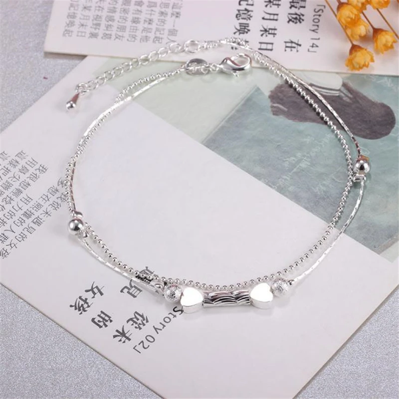 KOFSAC New 925 Sterling Silver Anklets For Women Glossy Beads Love Heart Small Tube Ankles Chain Bracelet Jewelry Girl Best Gift