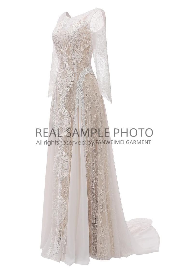 Factory Price 100 % Real Sample Photo Long Sleeve Backless O-Neck Lace Boho Bohemian  Beach Wedding Dress Bridal Gown