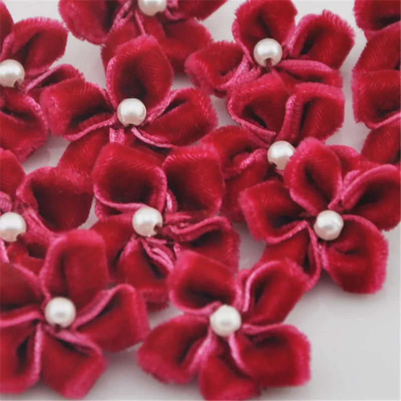 20pcs velet ribbon flowers w/bead appliques wedding decoration sewing crafts B025