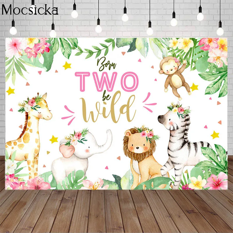 

Mocsicka Safari Jungle Two Wild Animal Newborn Baby Birthday Party Photography Backdrops Child 1st Birthday Background Photocall