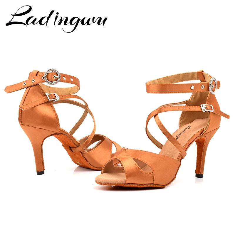 Ladingwu Latin Dance Shoes Salsa Women Bronze Satin Paty Tango Salsa Dance Shoes Round Rhinestone buckle Ballroom Shoes Dance