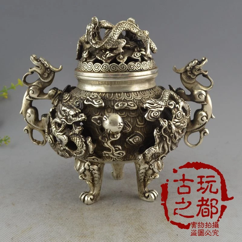 Vintage Tibetan Silver 9 Dragon Incense Burner Signed Bottom Lucky Geomantic Omen Ornaments