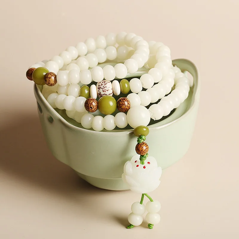 108*8mm Original Design Natural White Bodhi Root Beads Bracelet Lotus Bract for Women Meditation Balancing Jewelry Gift