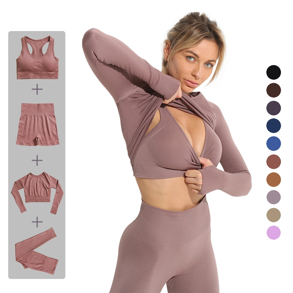 

sportswear yoga set Tights top for seamless Sport outfit fitness gym set shorts High waist Women bra tracksuit suit long sleeves