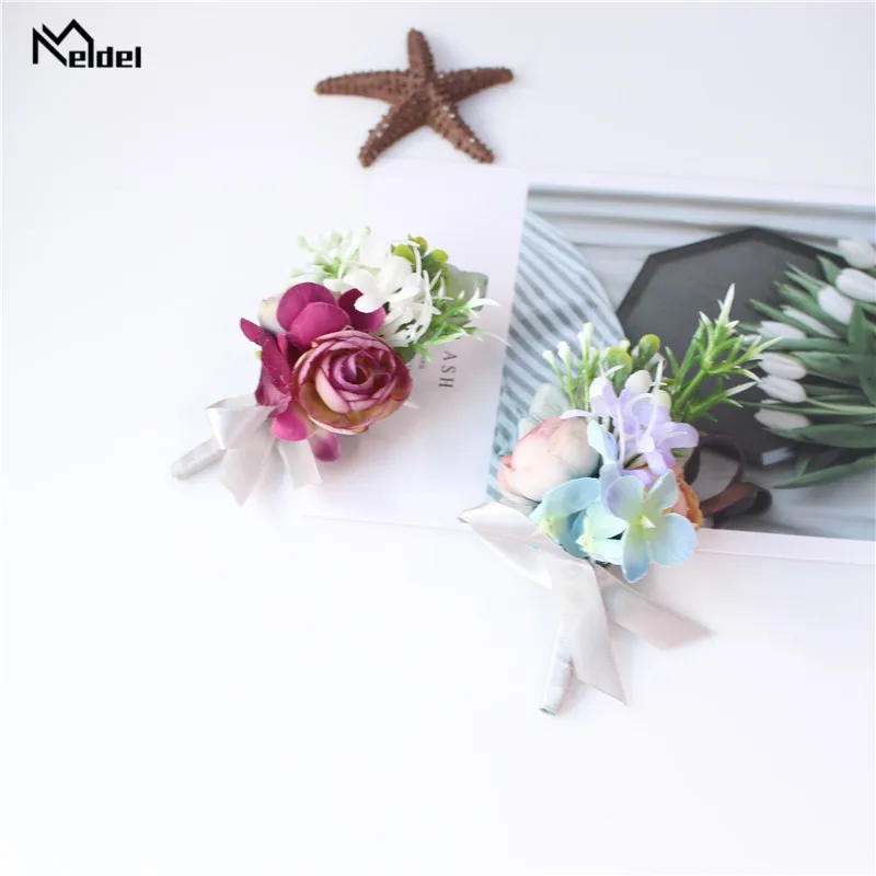 Meldel Wedding Brooch Corsage Bracelet Groom Boutonniere Buttonhole Silk Roses Wedding Witness Corsage Flowers Man Accessories