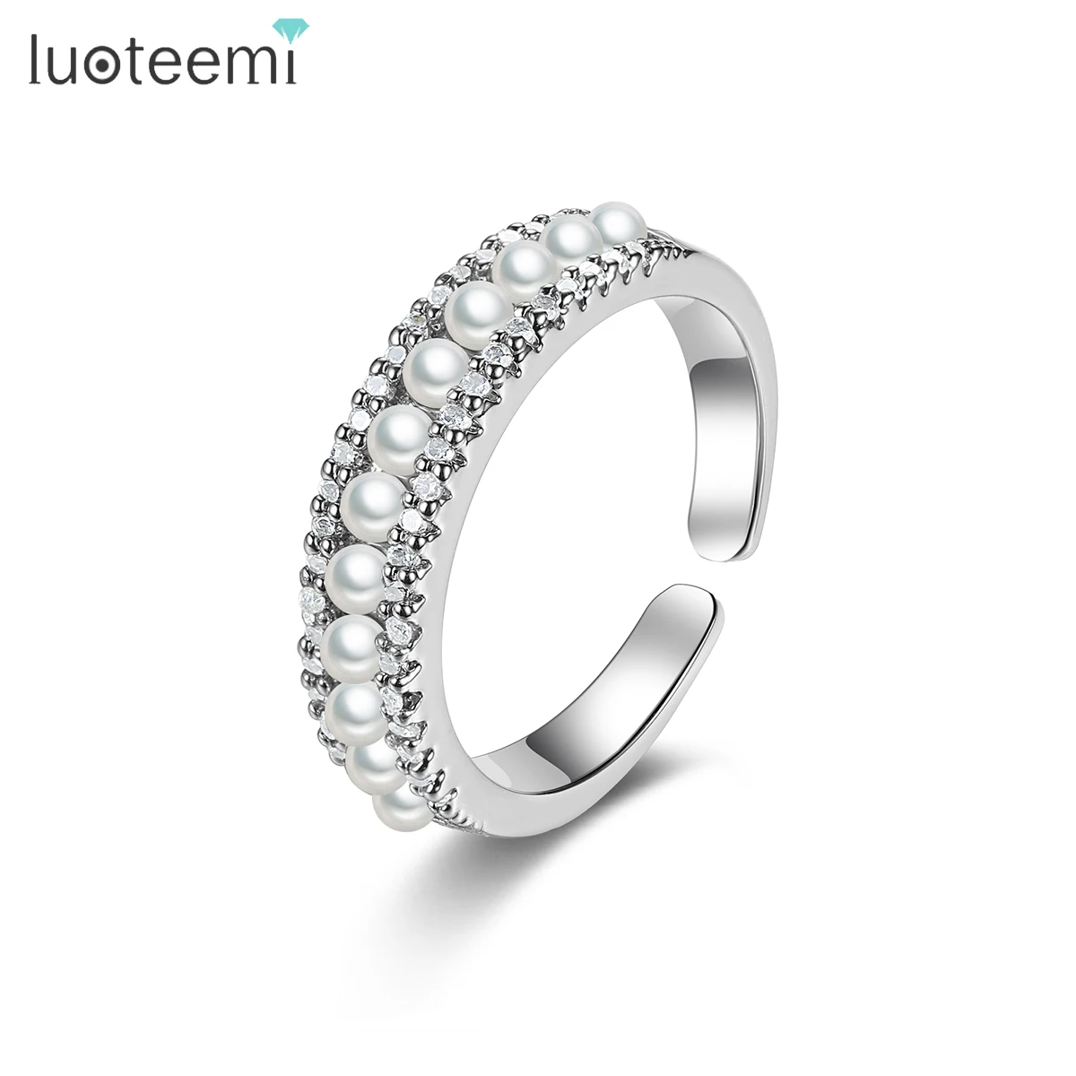 LUOTEEMI Open Adjustable Women Finger Rnigs White Pearl Rings with Shinning Cubic Zircon Wedding Engagement Jewelry