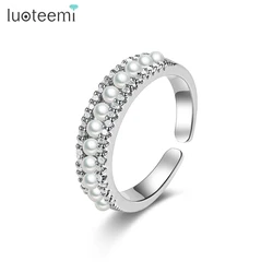 LUOTEEMI Open Adjustable Women Finger Rnigs White Pearl Rings with Shinning Cubic Zircon Wedding Engagement Jewelry