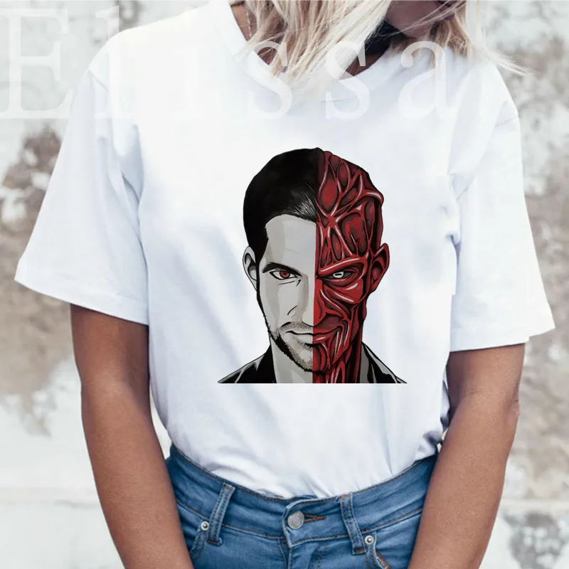 Tv Show Top Teest Devil Lucifer Morningstar T Shirt Women Funny Cartoon Print T-shir Harajuku Punk Vintage Graphic Tee Top Mujer