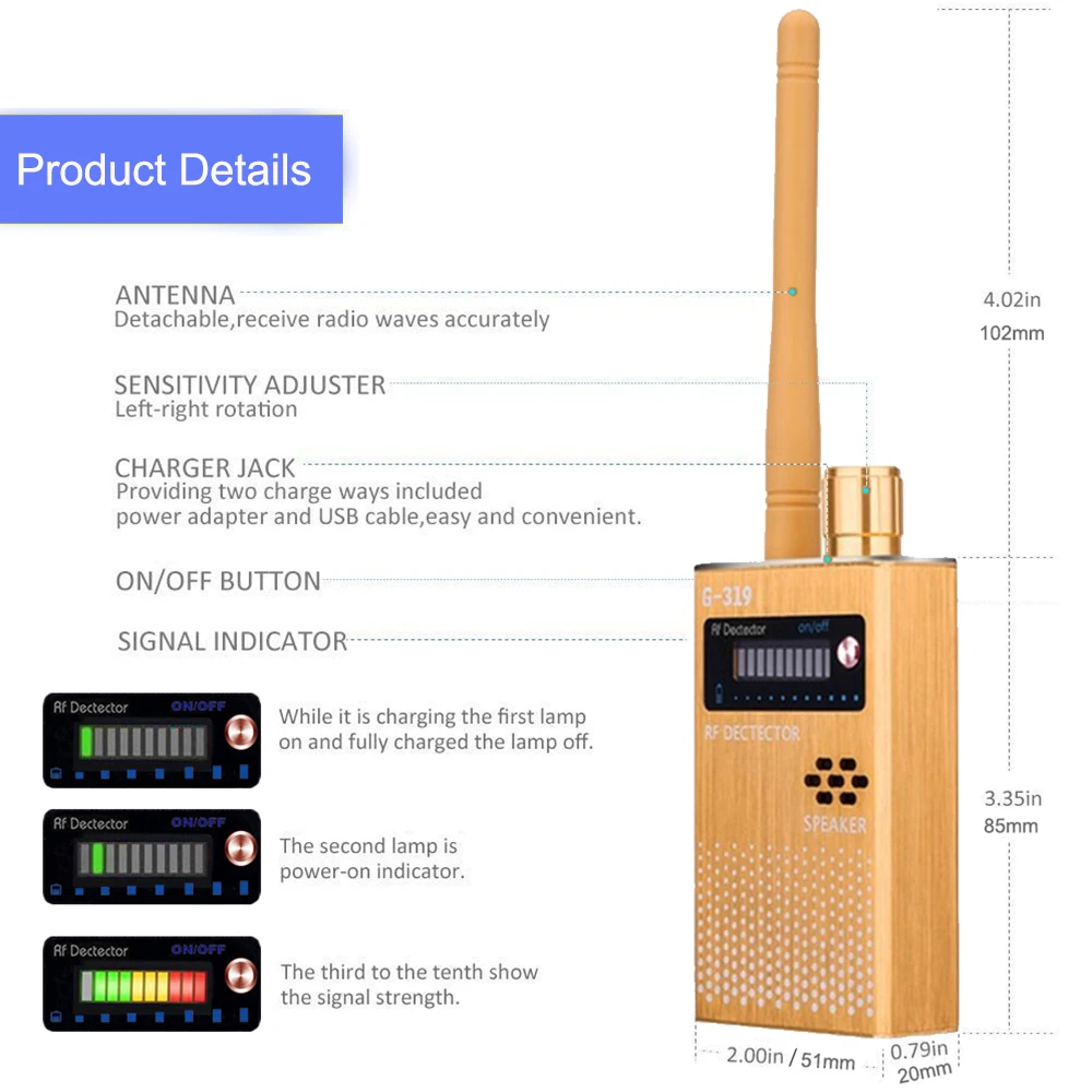 G319A detektor sinyal RF nirkabel, ponsel mendeteksi Bug GPS kamera tersembunyi GSM mendengarkan perangkat pemindai pencari 1-8000MHz