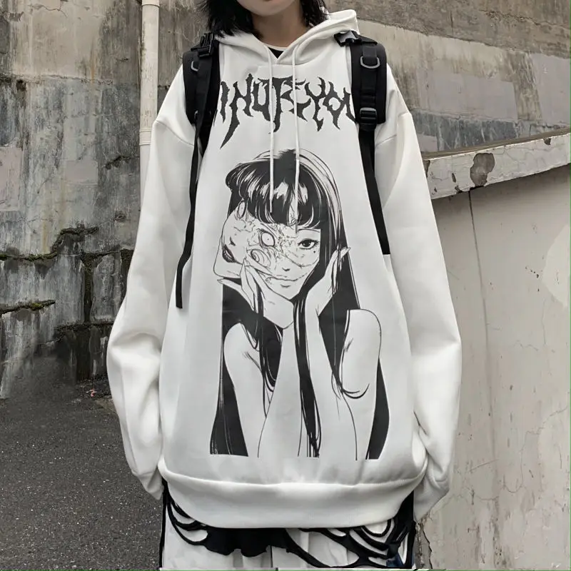 HOUZHOU White Anime Print Hoodies Women Autumn Winter Oversized Hooded Sweatshirt Harajuku Gothic Streetwear Aesthetic Graphic