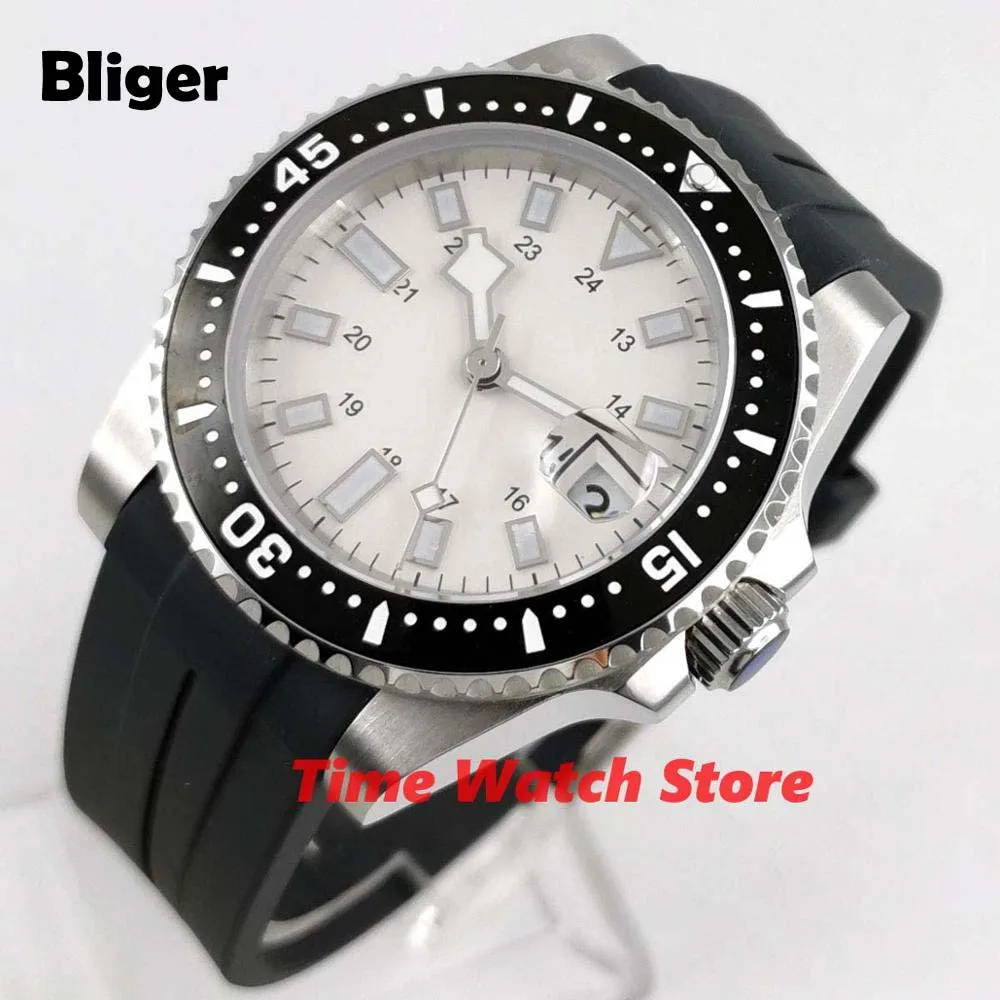 

40MM Sapphire Men's Automatic Watch Miyota 8215 Movement White Face Ceramic Rotating Bezel Rubber Band Date Cyclops Bliger