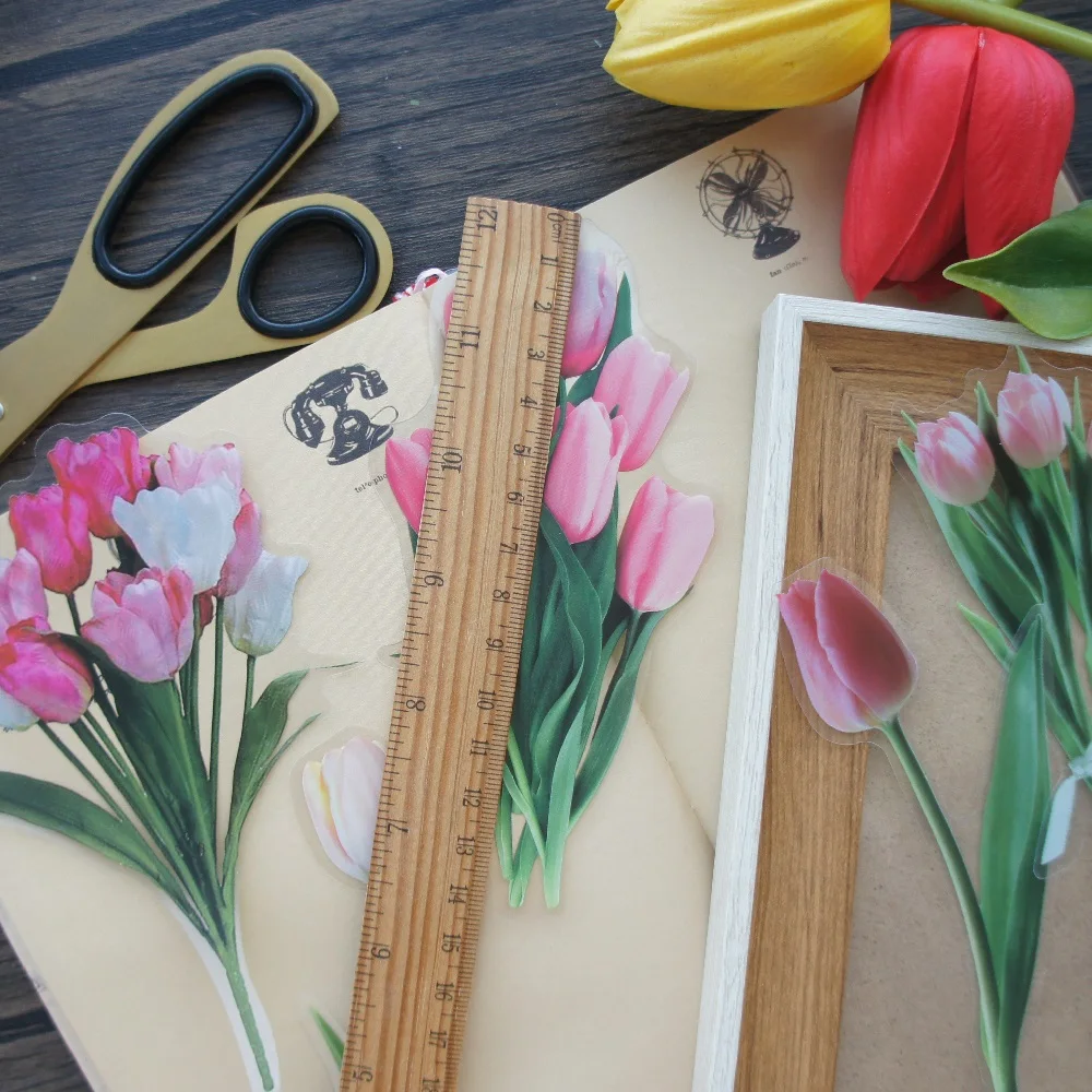 6 sztuk duży rozmiar różowy kwiat tulipana styl pcv przezroczysta naklejka Scrapbooking DIY prezent ozdobna etykieta