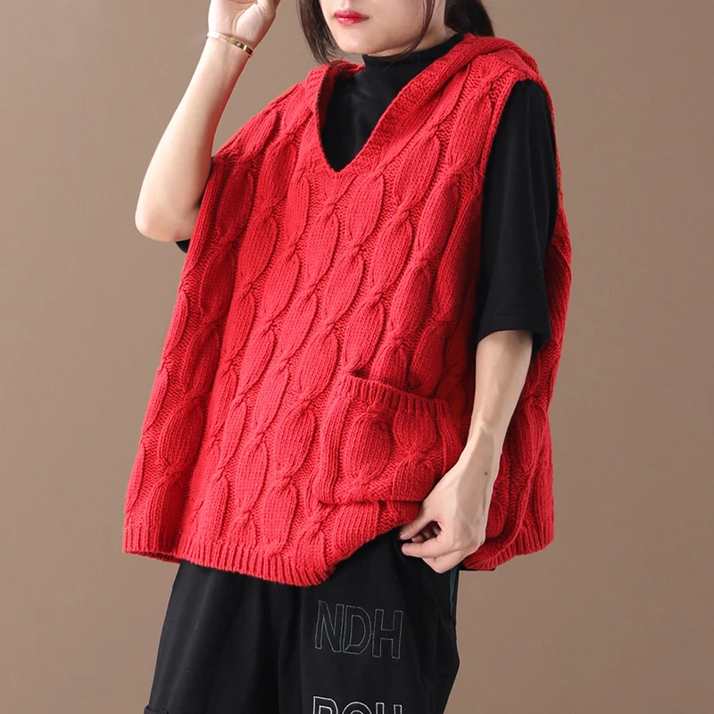 Female new autumn and spring plus size outerwear Korean style literary hooded irregular thicking wool loose sweater vest