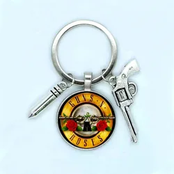 2021 Fashion Guns N Rose Keychain Art Picture Glass Dome BP GNR Logo Key Chain Steampunk Music Band Pendant 25mm Handmade Gift K