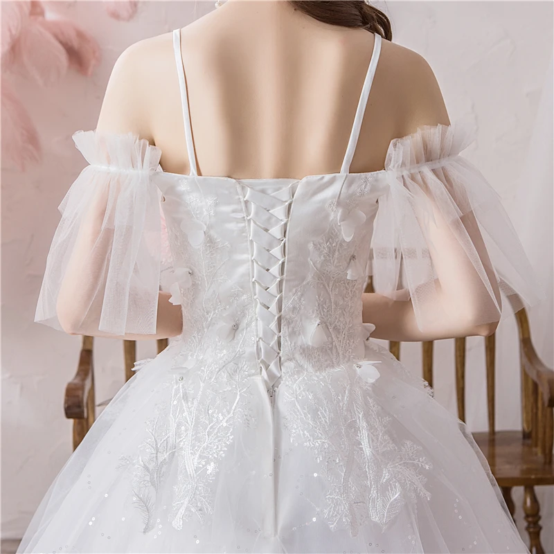 Chaep simple Ball Gown Spaghetti Straps Off White Tulle Wedding Dress 2020 with Flower Bridal Dress Marriage Customer Plus Size