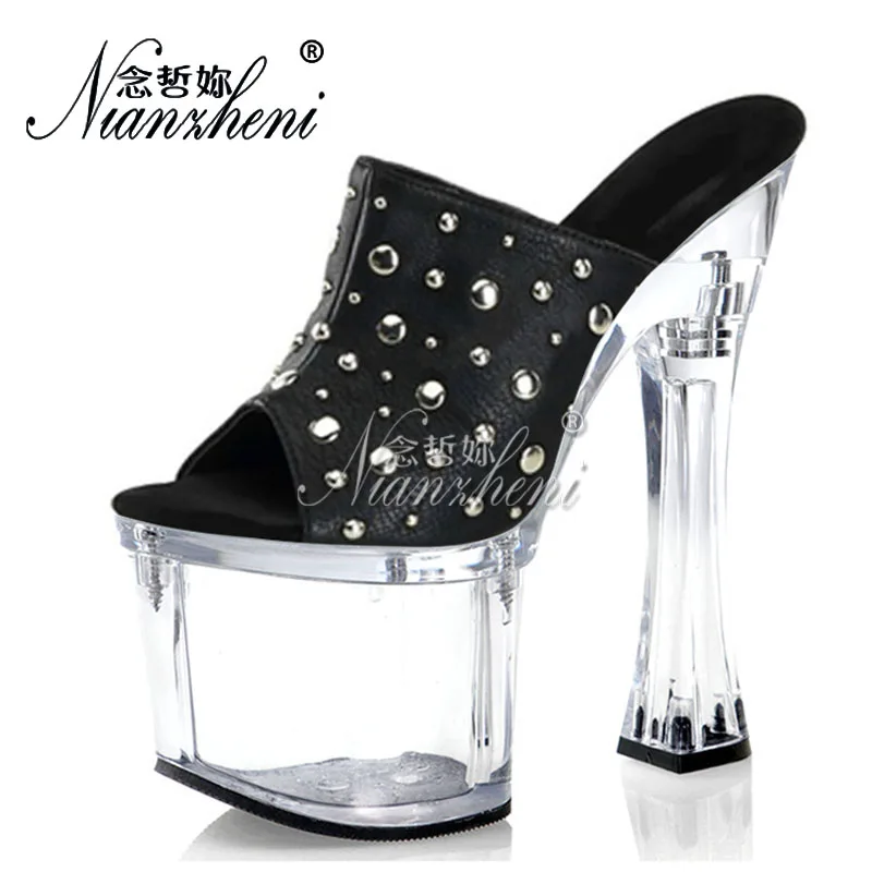 Sexy Fetish Cross dressing 18cm High Heeled Super square Platform Shoes Fashion Open Toe 7 Inch Party Slippers Nightclub rivet