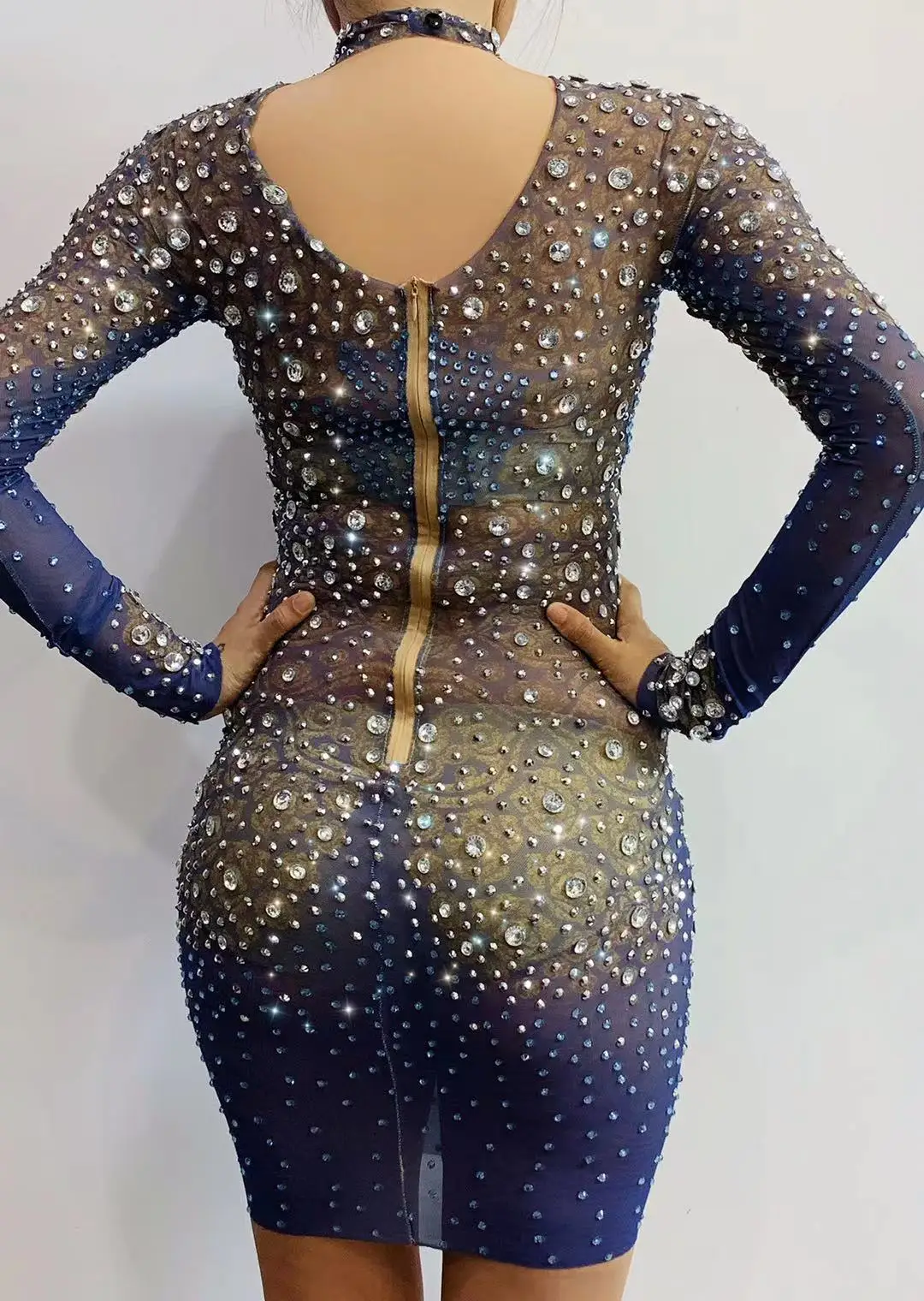 Dance Shinning Singer Celebrate Nightclub Costume Sparkly Blue Party Dress sexy women Rhinestone Short Dress Long Sleeves Wear