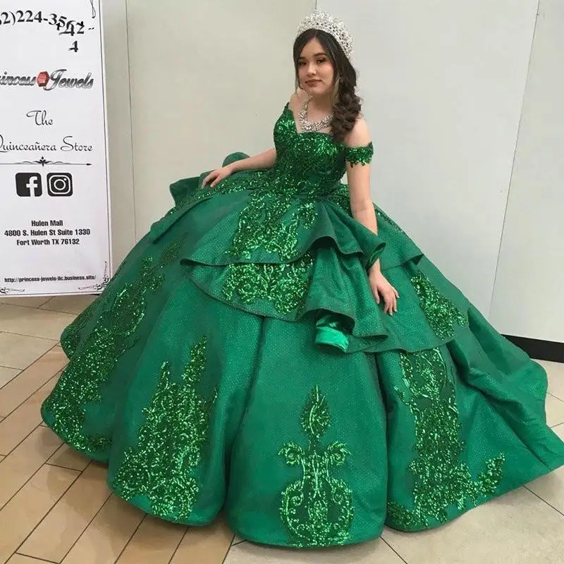 

Изумрудно-зеленое бальное платье Vestidos De Quinceanera платья 2021 цветочное кружево с оборками блестящее атласное с открытыми плечами милое 16 платье для выпускного вечера