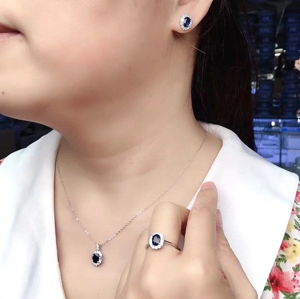 100% Natural Black Sapphire Jewelry Set for Party 5*7mm Chinese Black Sapphire Ring Earrings Pendant 925 Silver Sapphire Jewelry