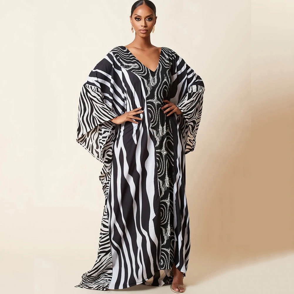 

Bsubseach Women Plus Size Kaftan Dresses Long Bathing Suit Cover Up V Neck Batwing Sleeve Loungewear Zebra Stripes Print