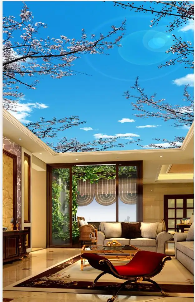 Custom Murals 3D ceilings Beautiful cherry blossom blue sky white clouds sun  ceiling mural