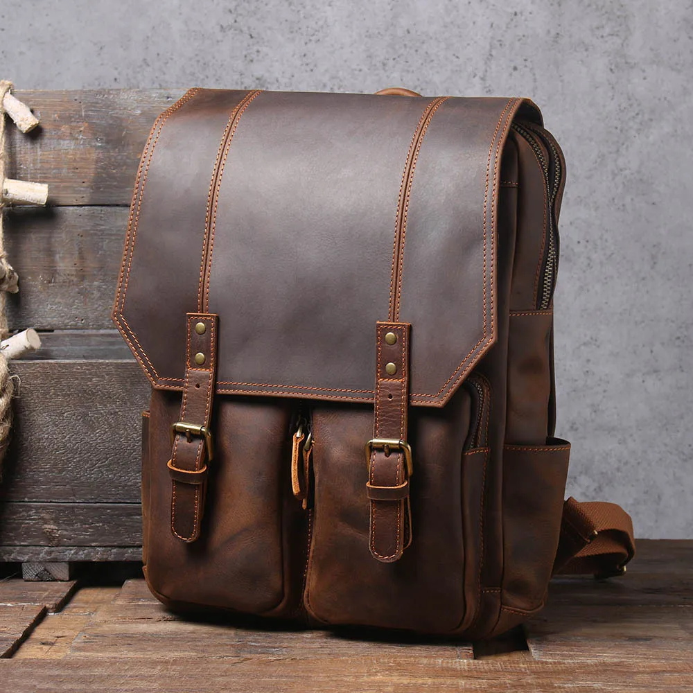 Newsbirds Crazy Horse Leather Backpack Men Male Travel Bagpack Bag Genuine Leather Mens Daypack Cow Leather Backpack School Bag