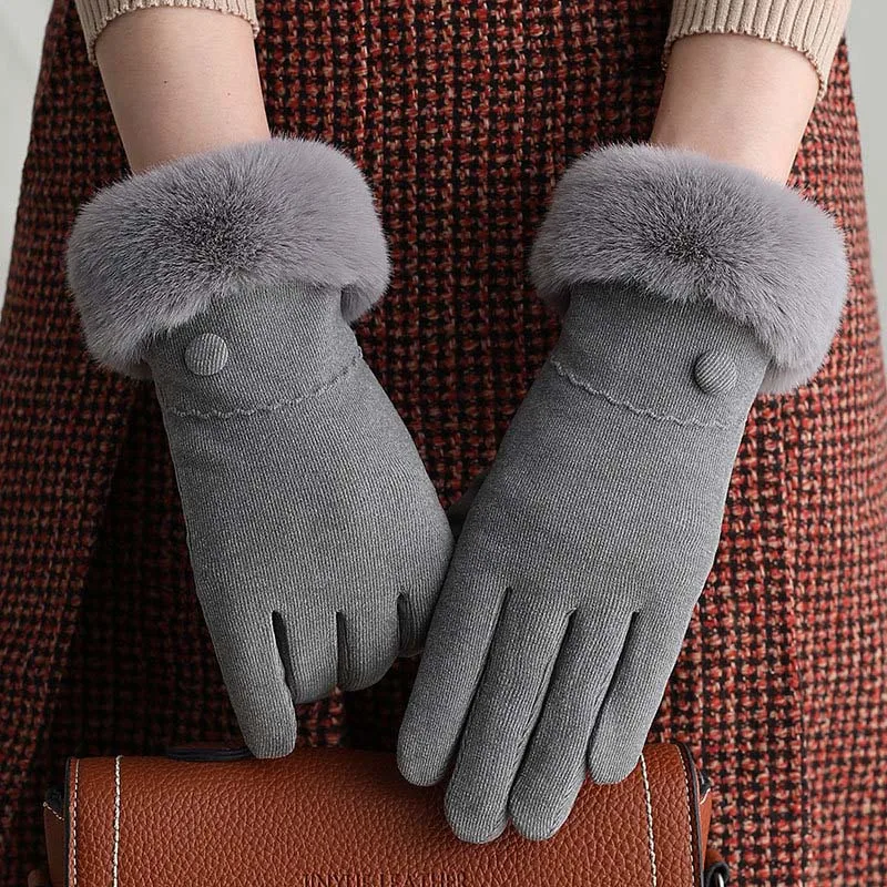 Women Double Thick Velvet Plush Wrist Touch Screen Driving Gloves Winter Female Cashmere Warm Button Sport Cycling Mittens I12