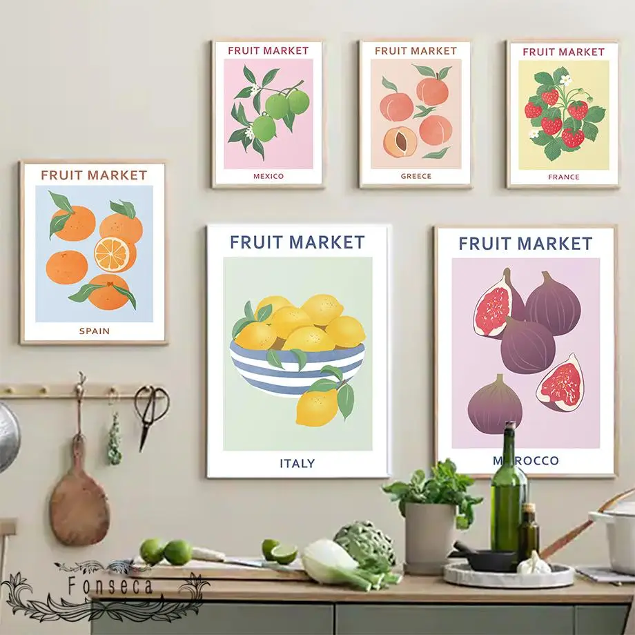 Nordic Fresh Fruit Market Country Name Canvas Painting Lemon Strawberry Orange Fig France Italy Morocco Poster Wall Art Pictures