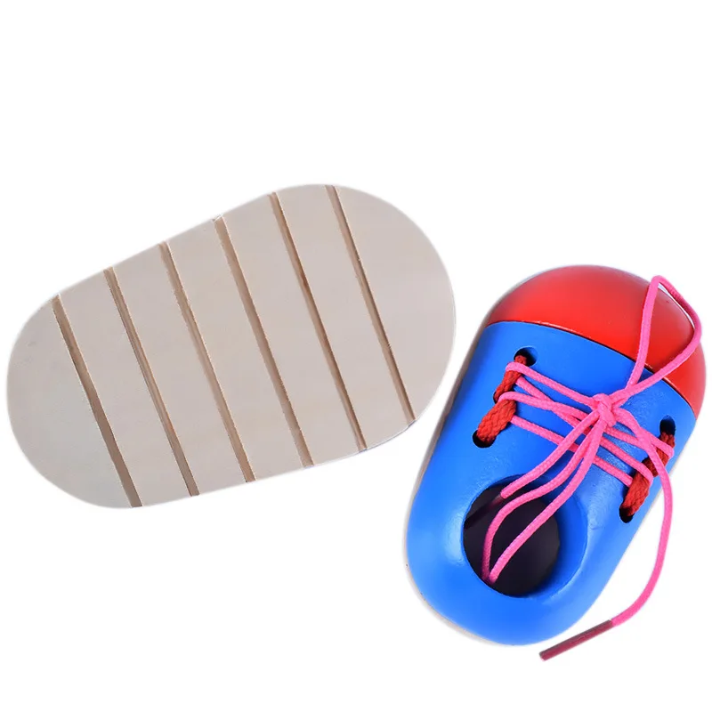 1Pcs Random Kids Montessori Educational Toys Children Wooden Toys Toddler Lacing Shoes Early Education Montessori Teaching Aids