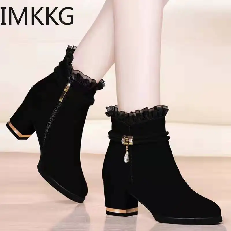 2020 new Elegant Ankle Boots Women\'s Lace Short Boot Lady Fashion Evening Party High Heel Shoes Suede Botas Classic Black