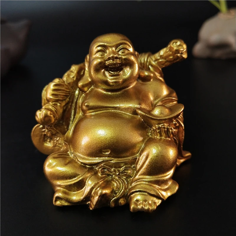 Goldene Laughing Buddha Statue Chinesische Feng Shui Glück Geld Maitreya Buddha Skulptur Figuren Home Garten Dekoration Statuen