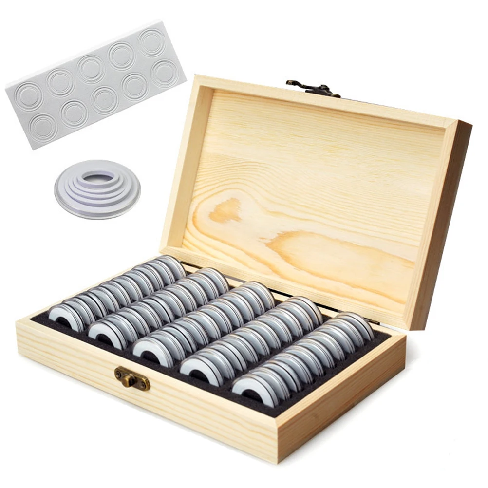 

50pcs Coin Holder Case with Wooden Storage Box Round Coin Capsules Commemorative Coin Holder Coin Display Case Organizer