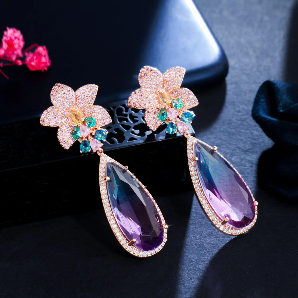 CWWZircons Micro Pave Pink Cubic Zirconia Flower Big Water Drop Rainbow Crystal Long Luxury Earring for Women Boho Jewelry CZ965