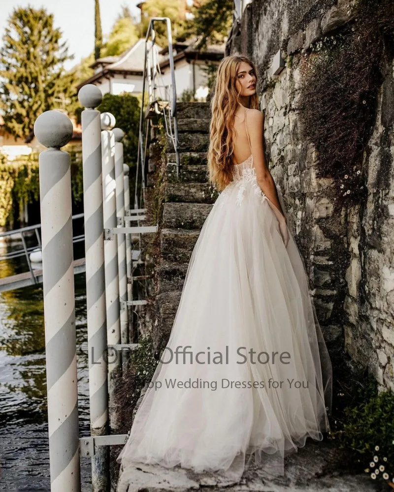 LORIE Boho Wedding Dresses 2021 Spaghetti Strap Appliques Lace Tulle Long Side Split Beach Wedding Gown Summer Bridal Dress