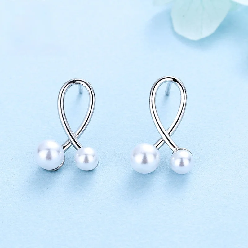 New Personality Double Pearl Cross Earrings Fashion Simple Women's Body Penetration Earrings Charm Women's Cocktail Jewelry