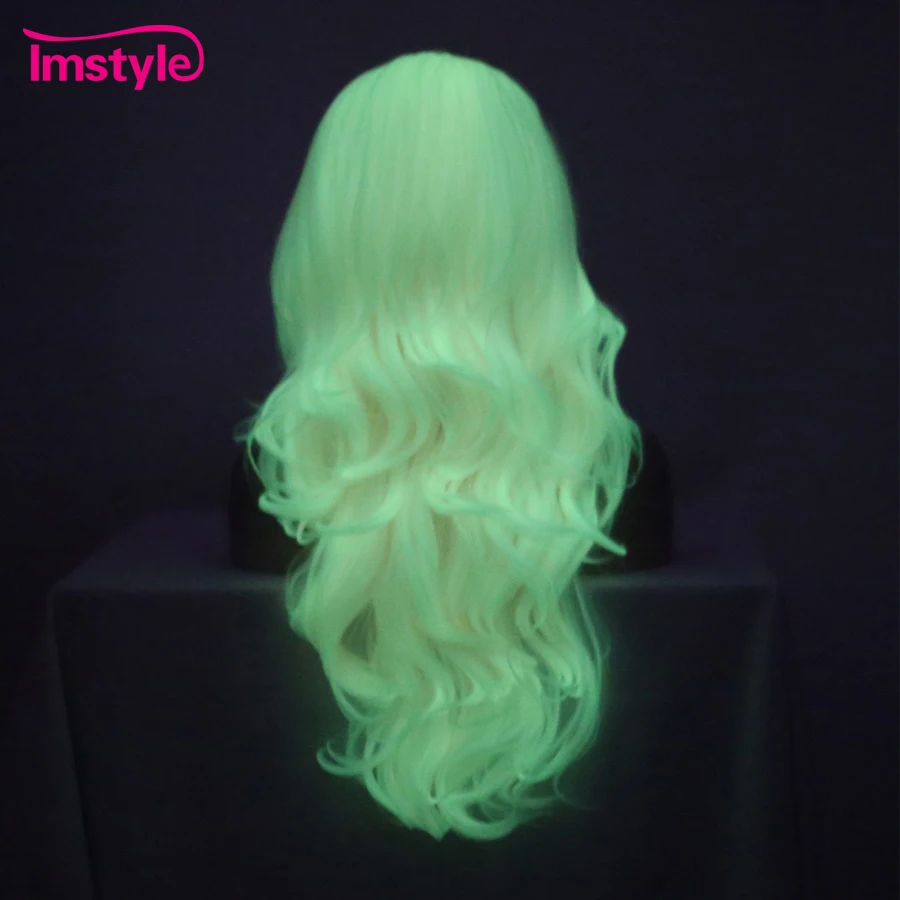 Imstyle Noctilucent Pink Synthetic Lace Front Wig Luminous Hair Wigs Natural Long Wavy Wig Party Wigs For Women