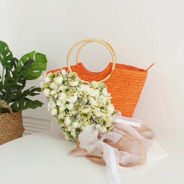 Bolsa de praia feminina rattan, bolsa de verão com chapéu e flores artificiais