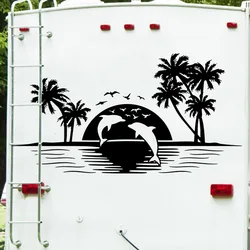 Large Camper Rv Skyline Dolphins Wall Sticker Motorhome Palm Tree Fish Ocean Sun Landscape Wall Decal Bedroom Vinyl Home Decor