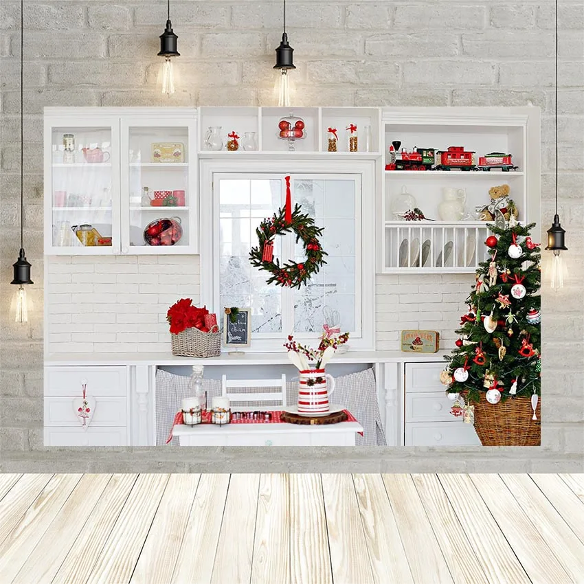 Avezano Christmas Kitchen Cupboard Photography Background White Brick Wall Decoration Baby Portrait Backdrop for Photo Studio