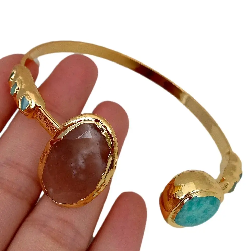 Y·YING  Natural Faceted Oval Sunstone  Green Peruvian Amazonite Gold Plated Bangle Bracelet for women Vintage style