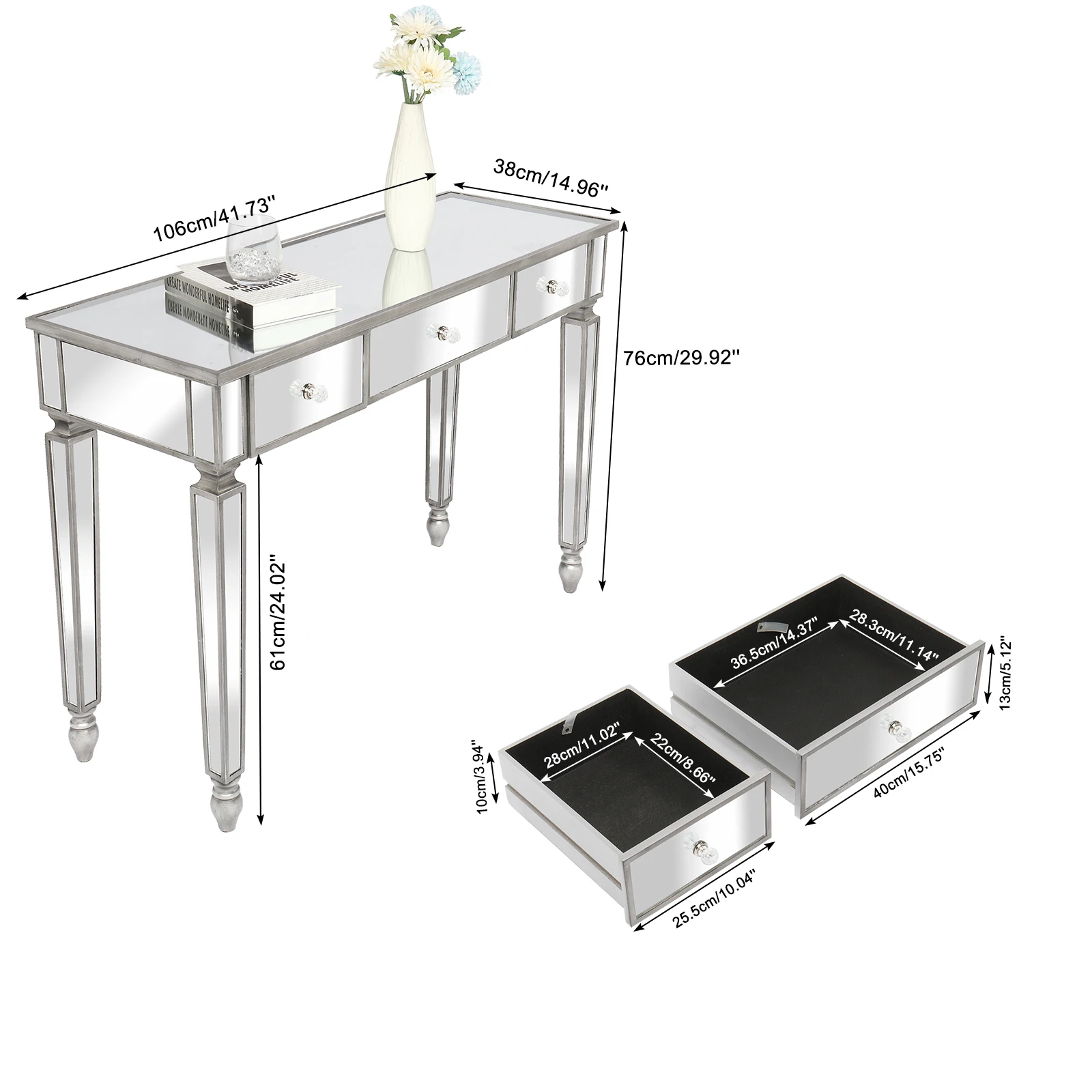 Mirror Surface Dressing Table 3 Drawers Dresser Console Table Density Board Silver 106x38x76.5CM Chic Contemporary Design[US-W]