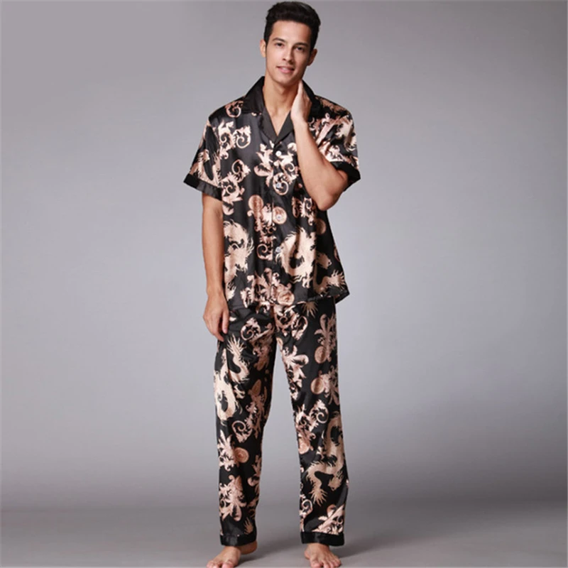 Men's pajamas short-sleeved trousers pajamas set spring and summer cardigan Dragon pattern rayon home service wholesale пижама