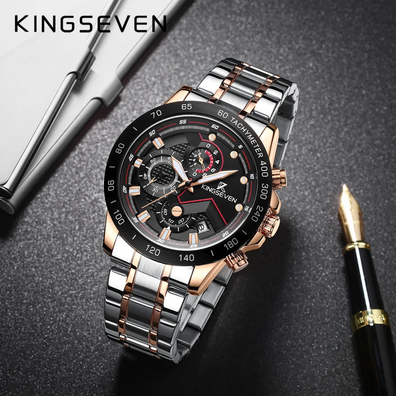 KINGSEVEN New Fashion Watches with Stainless Steel Top Brand Luxury Sports Chronograph Quartz Watch Men Relogio Masculino