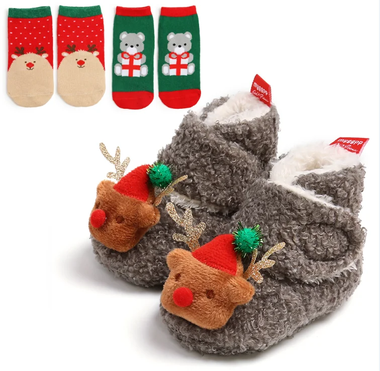 Emmababy Newborn Baby Christmas Booties and Socks Set Winter Warm Fleece Ankle Crib Shoes and Socks 3 Piece set