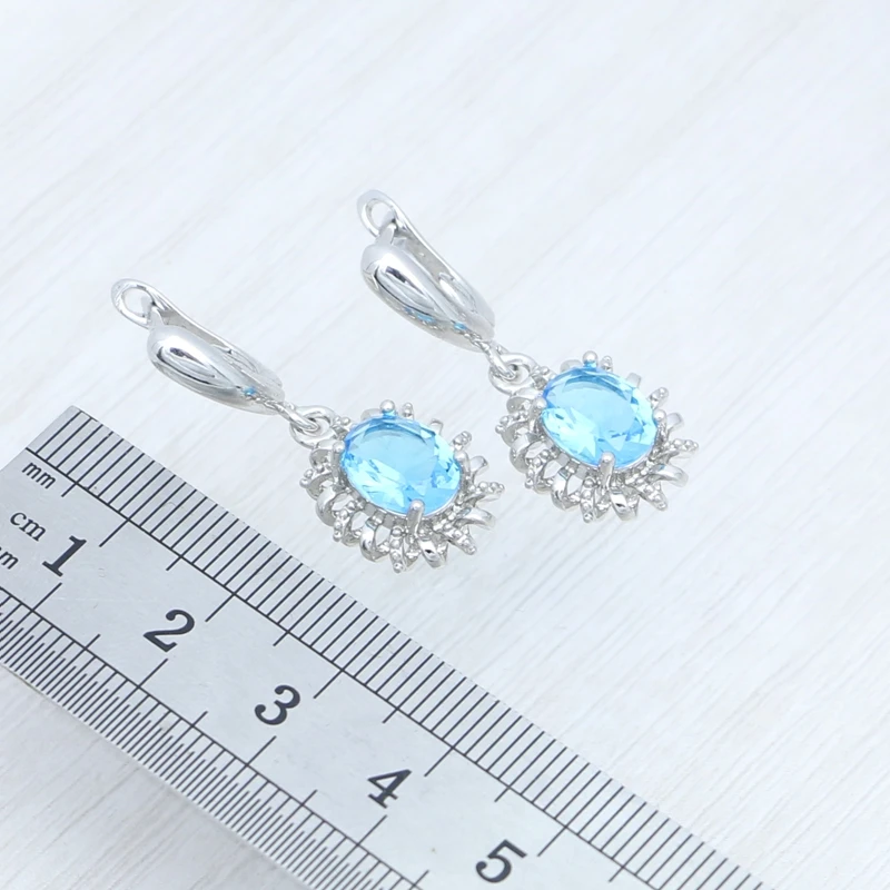 925 Sterling Silver Jewelry Set Bridal Wedding Jewelry Sky Blue Cubic Zirconia Open Ring Pendant Earrings Chain for Women