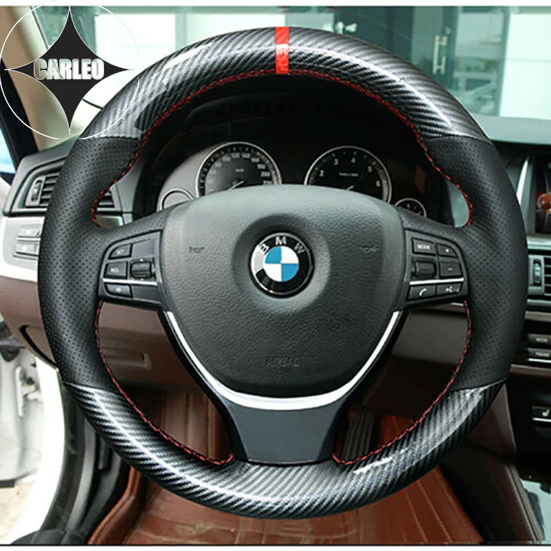 

DIY Car Steering Wheel Cover for BMW F01 Black 5D Carbon Fiber&Genuine Perforated Leather Red Top Custom Hand Stitching Holder