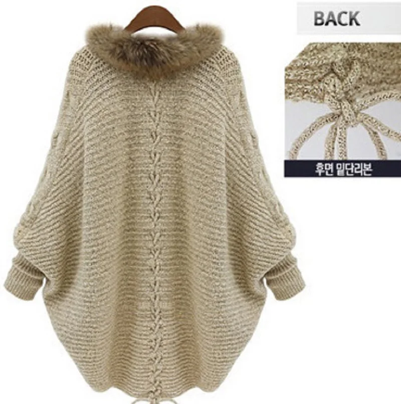 Women\'s Fur Collar Bat Sleeve Knitted Cardigan  Loose Sweater Coat