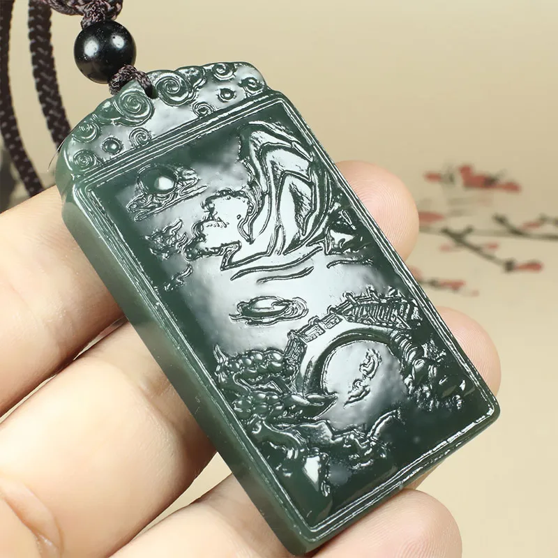 Hand Carven Bottle Green Jade SANSUI Pendant landscape Totem Amulet Talisman Lucky Hanging